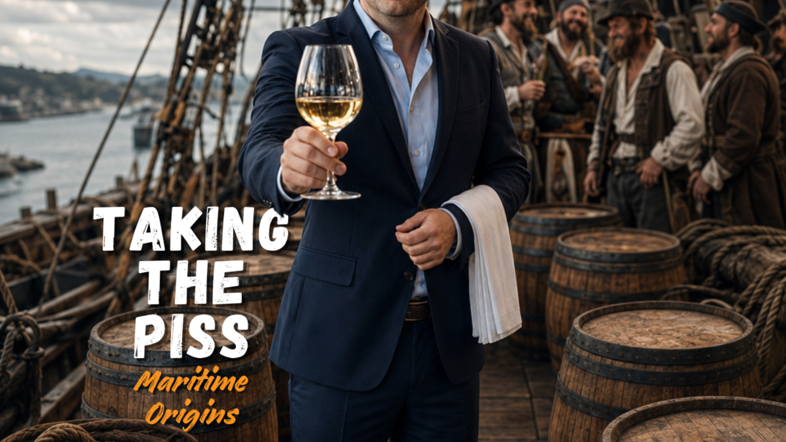 Suited man on a ship's deck offers a glass of golden liquid to camera, sailors laughing behind him.