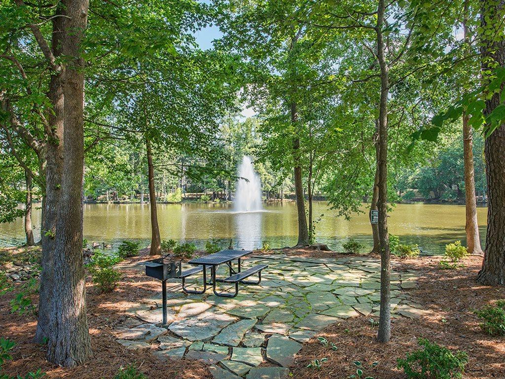 A picnic table and grill are sitting next to a lake surrounded by trees at Lake St. James.