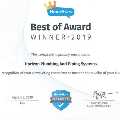 A certificate that says `` best of award winner 2019 '' is presented to horizon plumbing and piping systems.