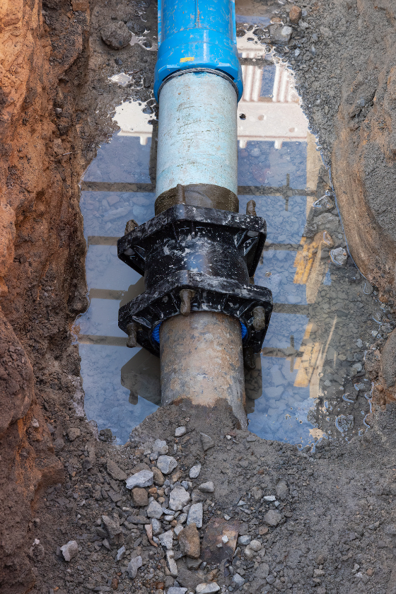 A water pipe is being installed in a hole in the ground.