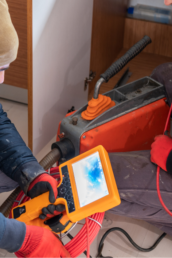 A man is using a drain cleaner to clean a drain in a kitchen.