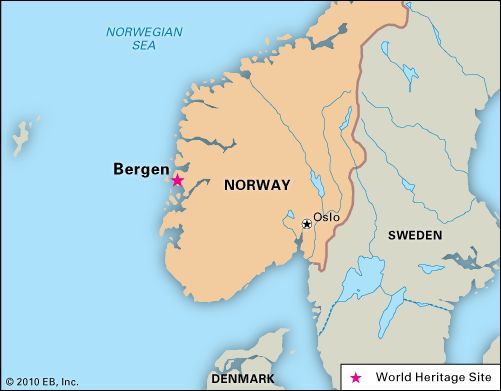 Map of Norway showing the location of Bergen on the west coast
