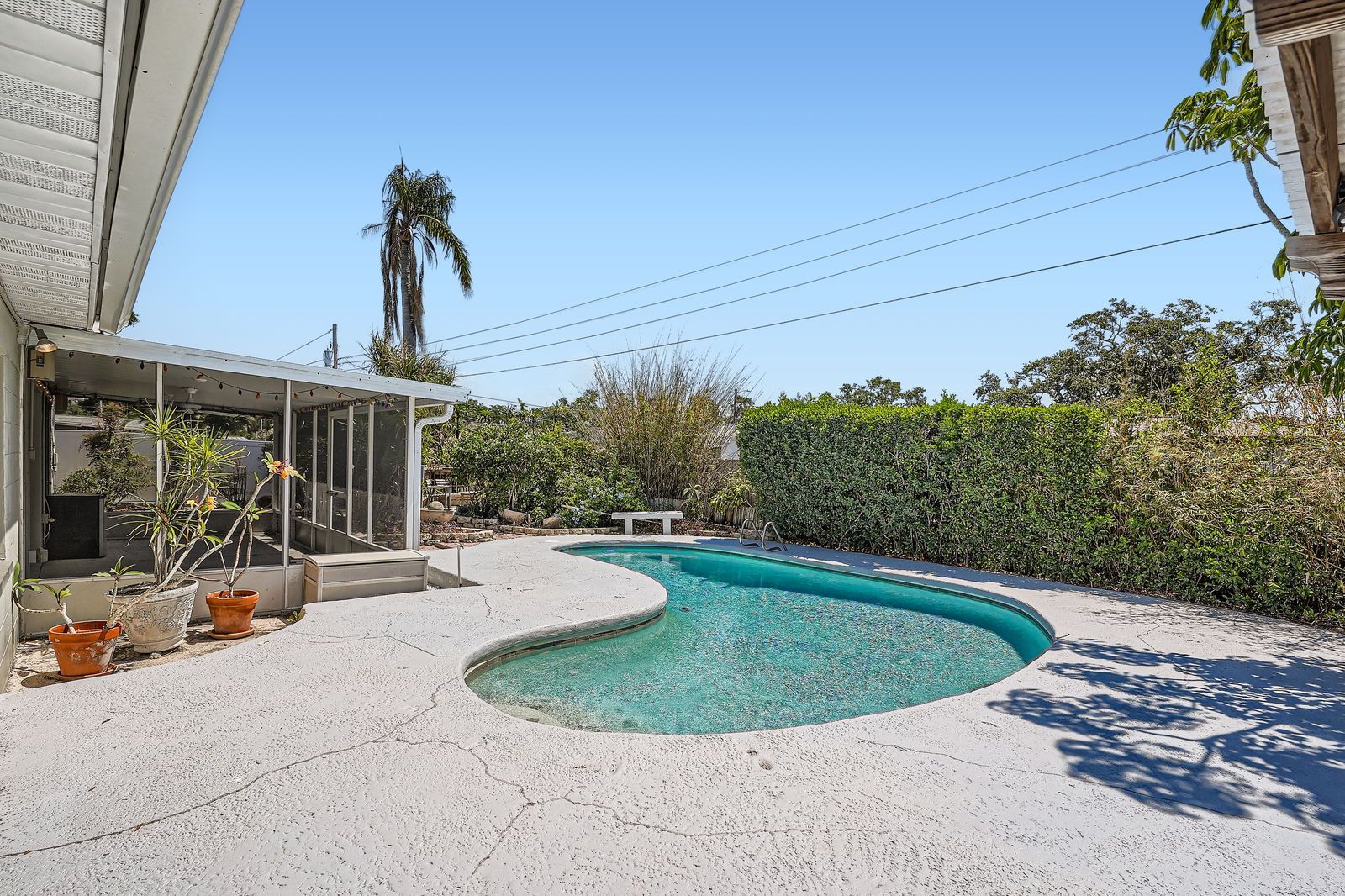 A large swimming pool in the backyard of a house