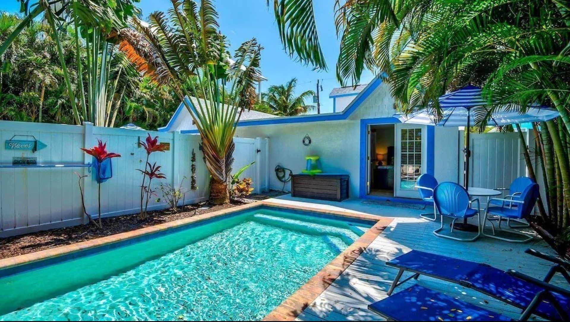 A large swimming pool is in the backyard of a house