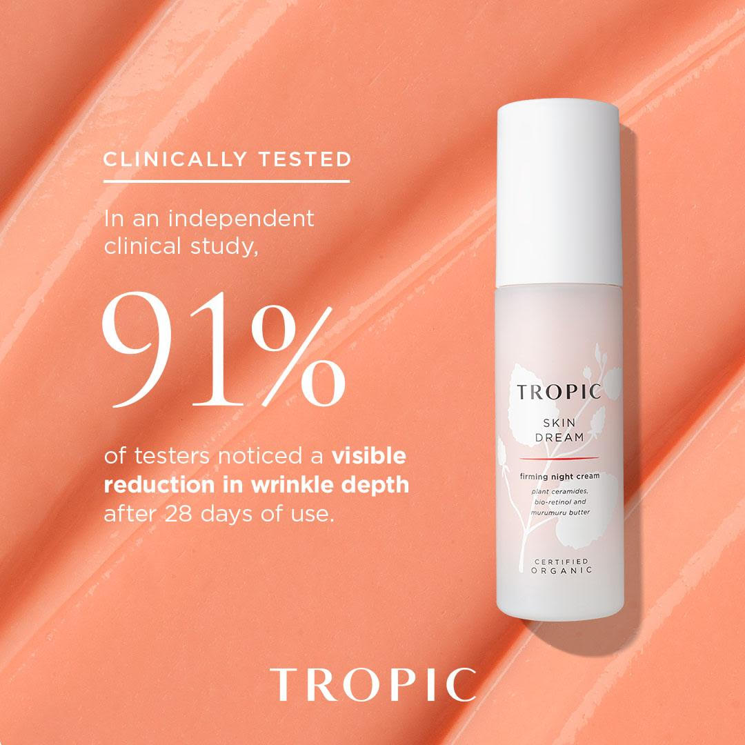 Tropic skincare ad on peach background with white bottle and text claiming 91% wrinkle-depth reduction after 28 days