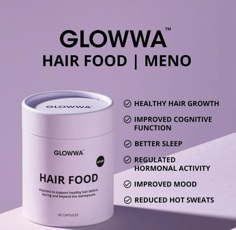 GLOWWA Hair Food Meno supplement jar with benefits listed on a purple background