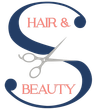 Hair & Beauty salon logo with navy “S,” coral text, and silver scissors