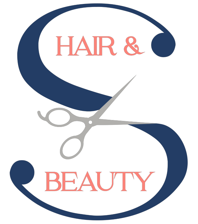 Hair & Beauty salon logo with navy “S,” coral text, and silver scissors