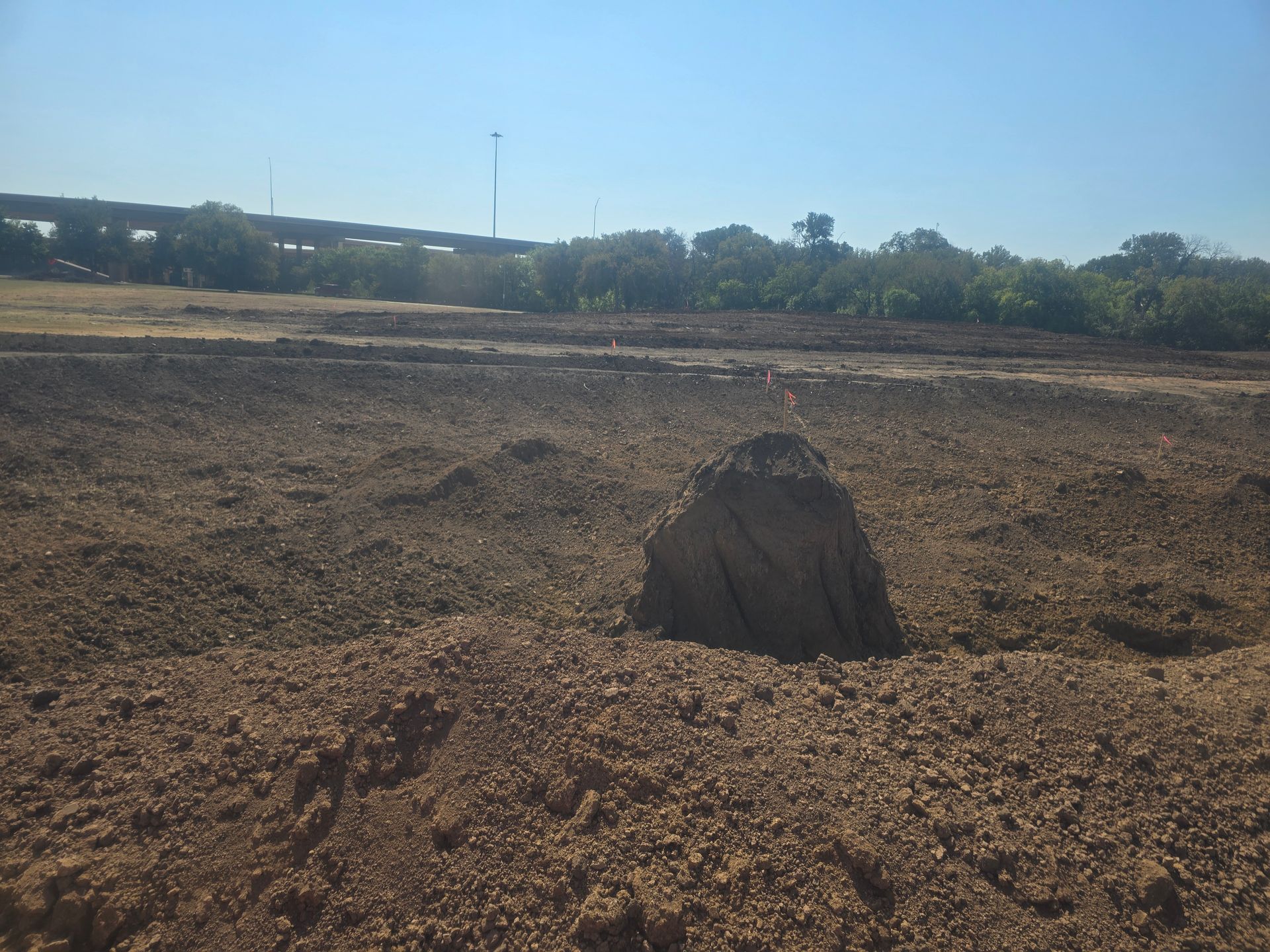 A large rock is in the middle of a dirt field