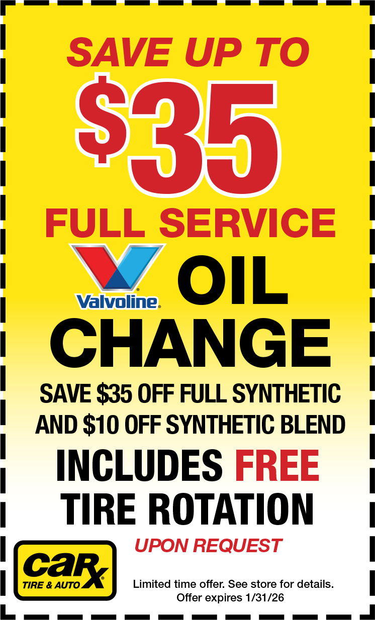 Advertisement: CarX Tire & Auto oil change promotion. Save up to $35. Includes free tire rotation upon request.