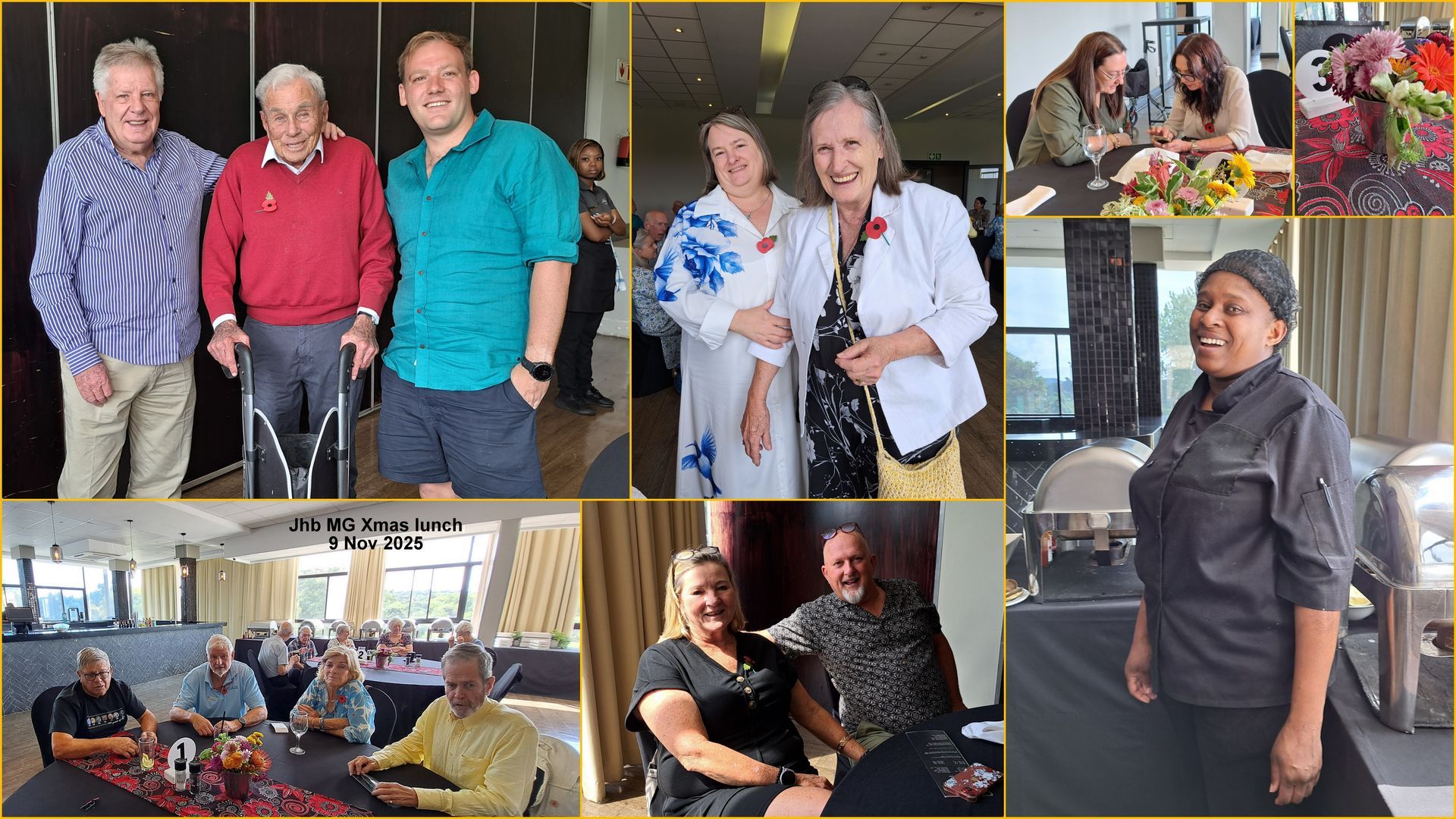Collage of people at an event; indoor setting with food and smiles, a group photo, and a chef at a buffet table.