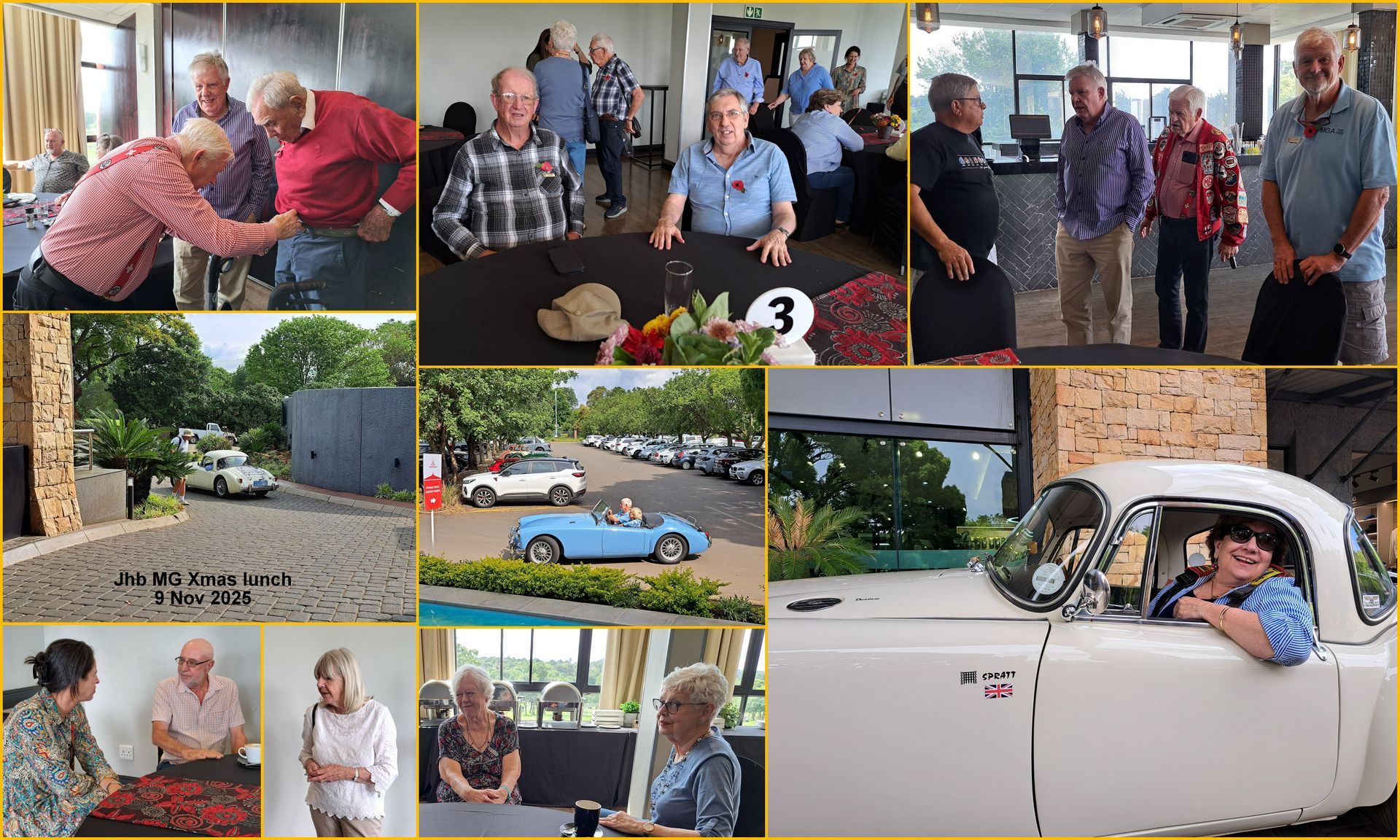 People at an event, possibly car enthusiasts. Some with vintage cars, socializing indoors and outdoors.