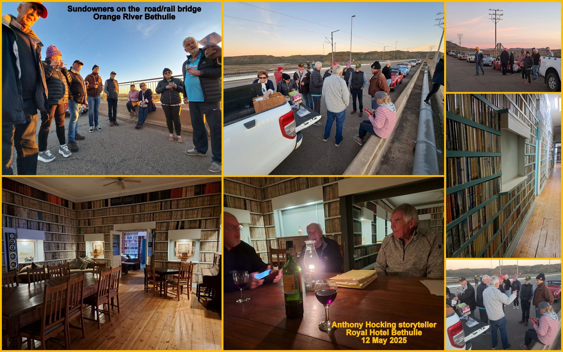 People gather outdoors and in a library. Scenes include a book donation, group interactions, and a building with many books.