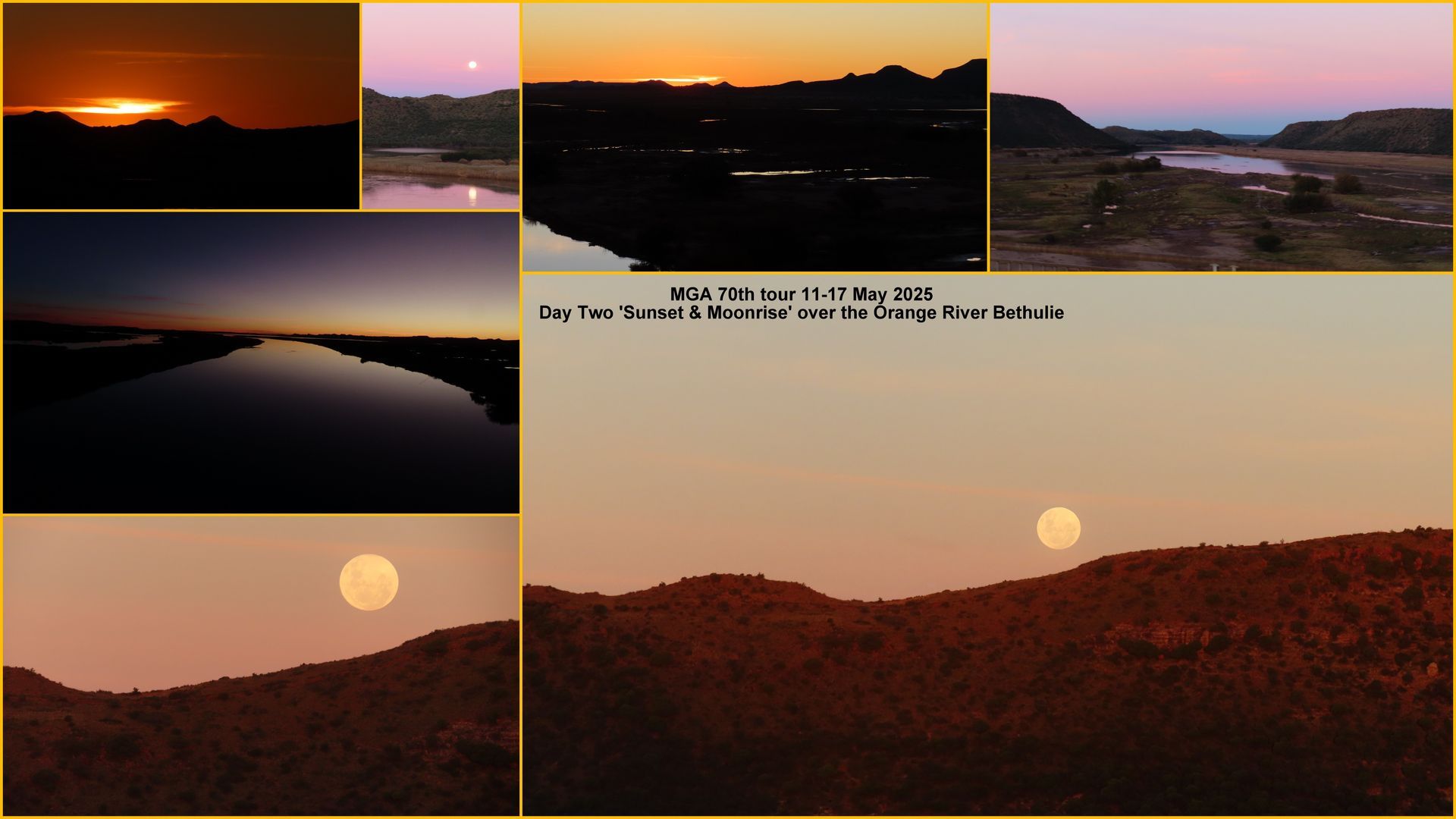 Collage of sunset scenes over landscapes, featuring various colors and the moon.