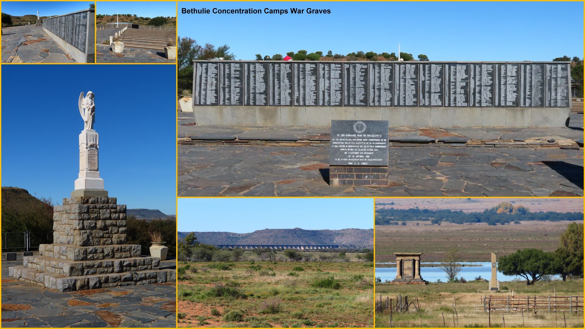 Collage: War memorial with names, a monument, and rural landscapes under a blue sky.