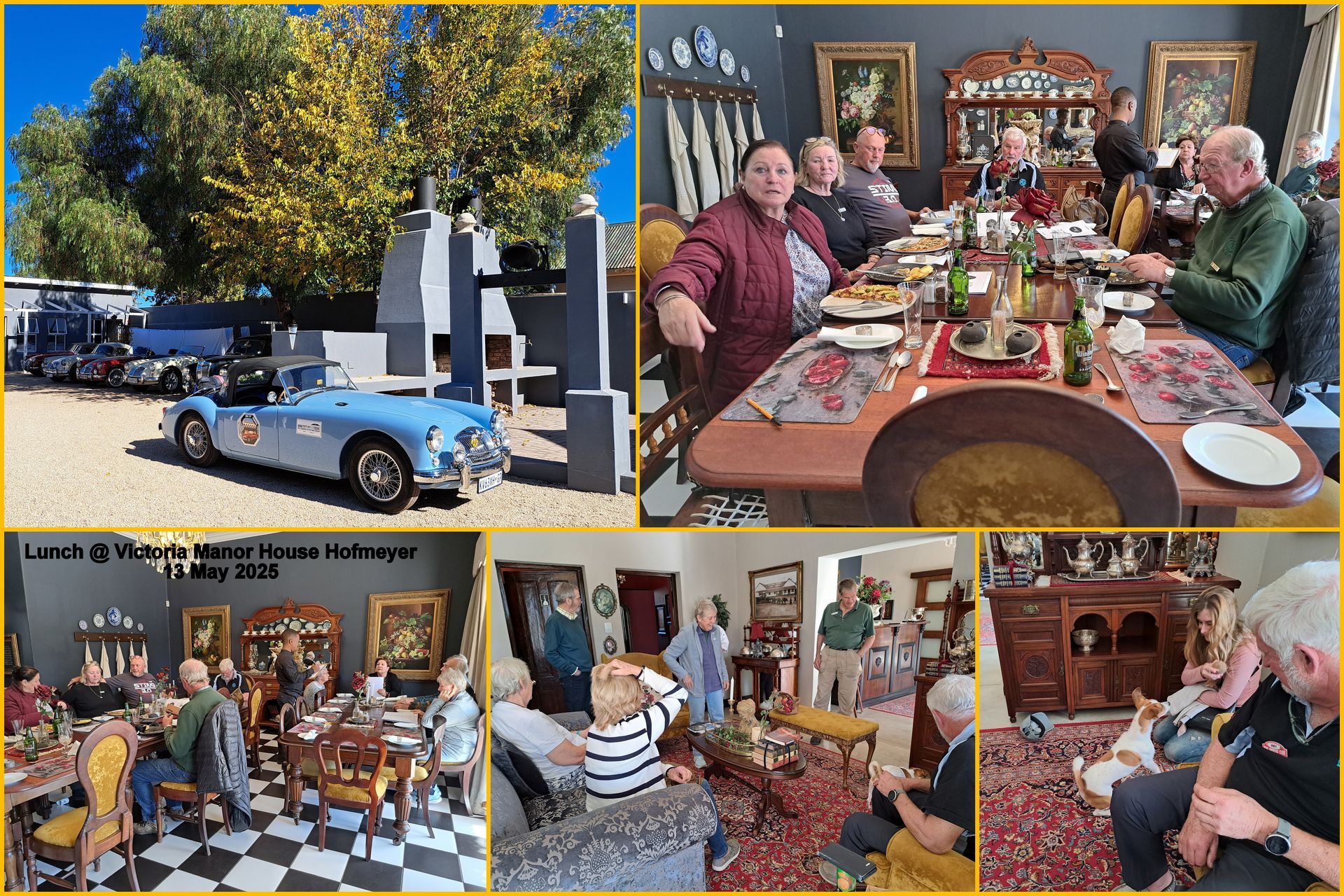 Cars parked, people dining in an ornate house, and exploring interiors, possibly a tour.