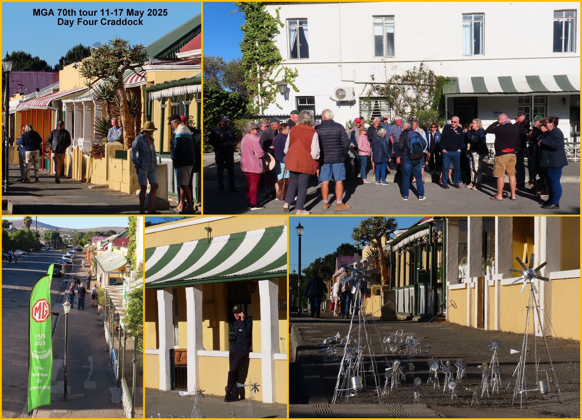 People walking along streets with shops and buildings in Clanwilliam, South Africa.