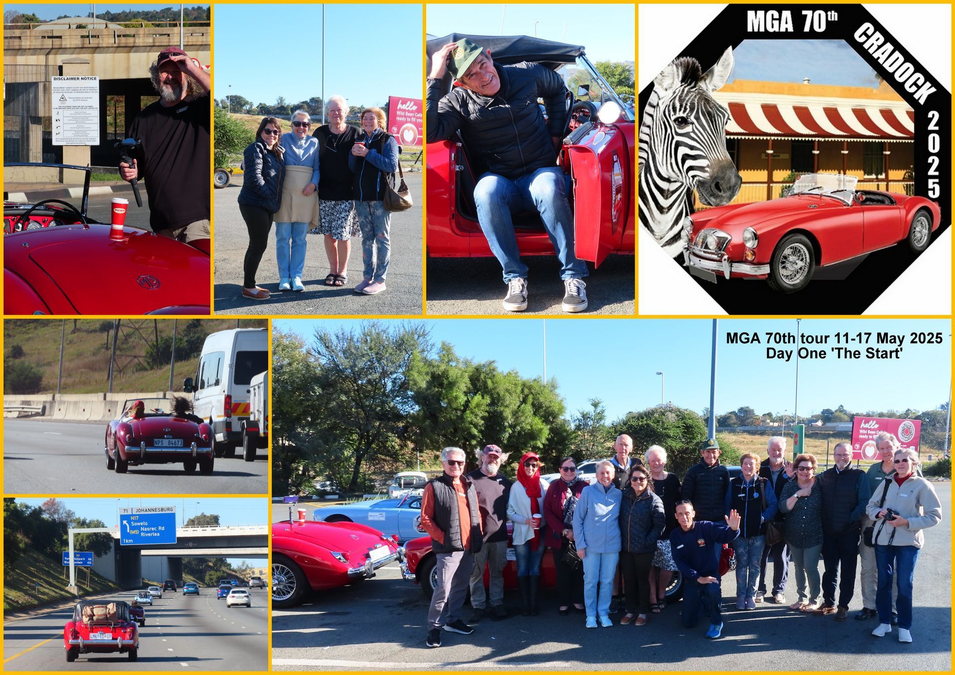 Red classic cars with groups of people, a road trip. 
