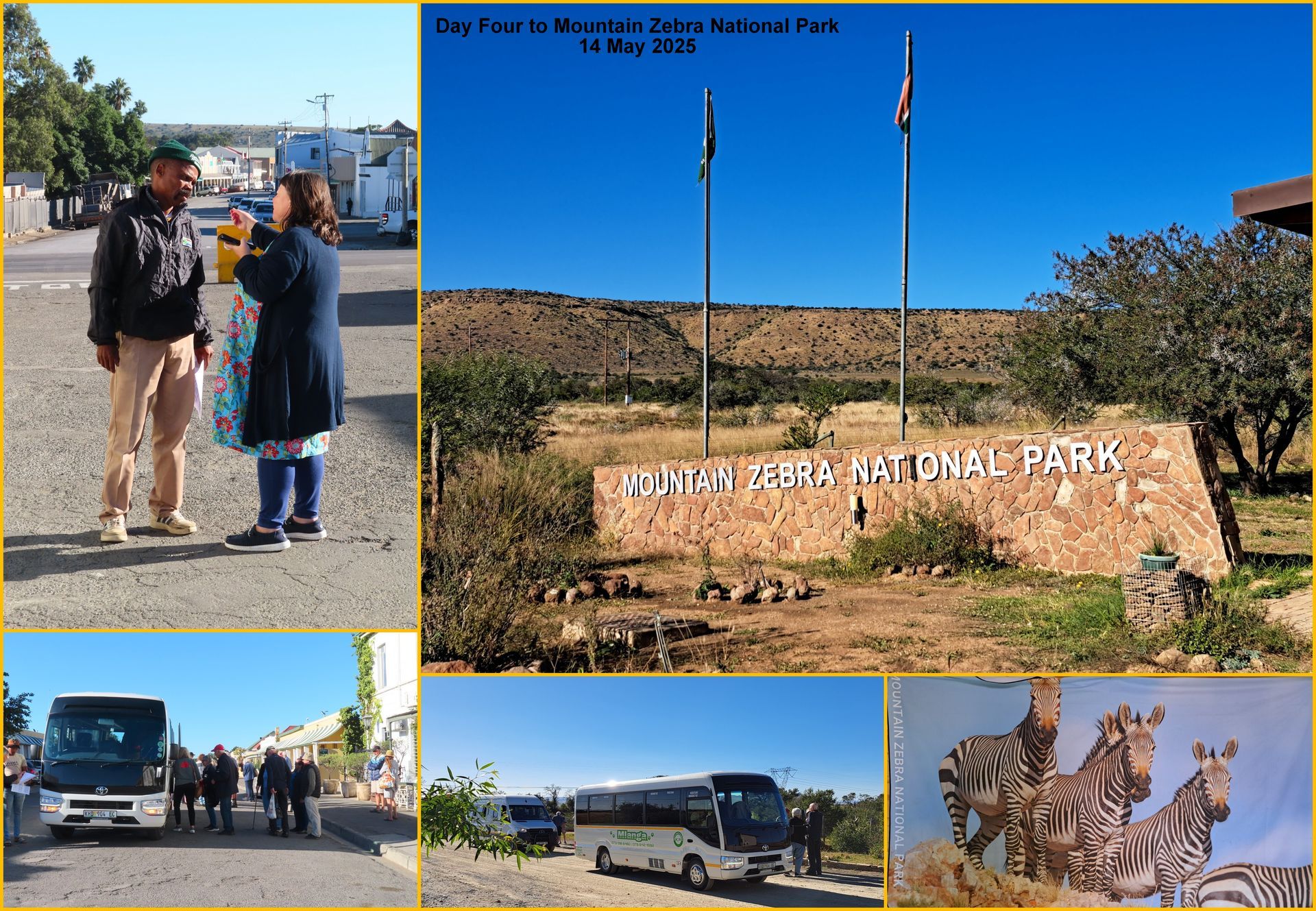 Collage: People at park entrance, bus, sign 
