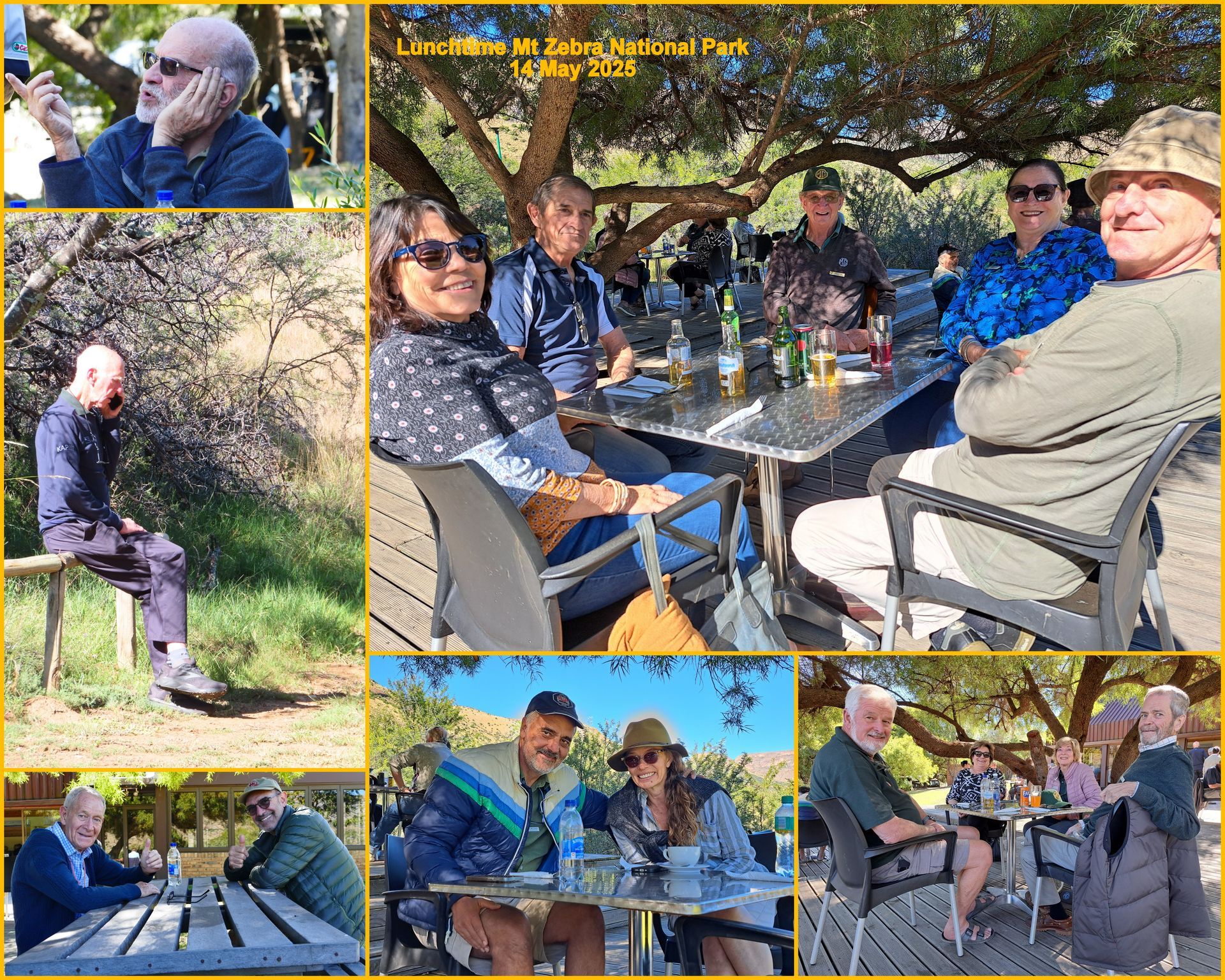 Group of people outdoors, socializing at a table under a tree.  Includes close-ups of individuals.