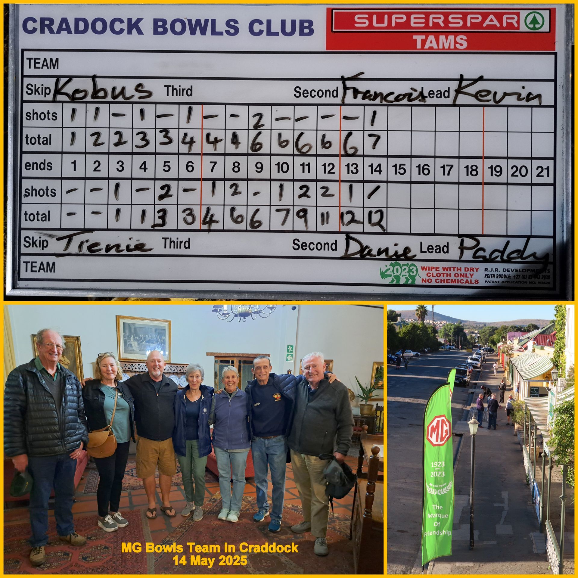 Bowls scoreboard, team photo, and street view. Cradock Bowls Club. Bowling match score card with team photo below.