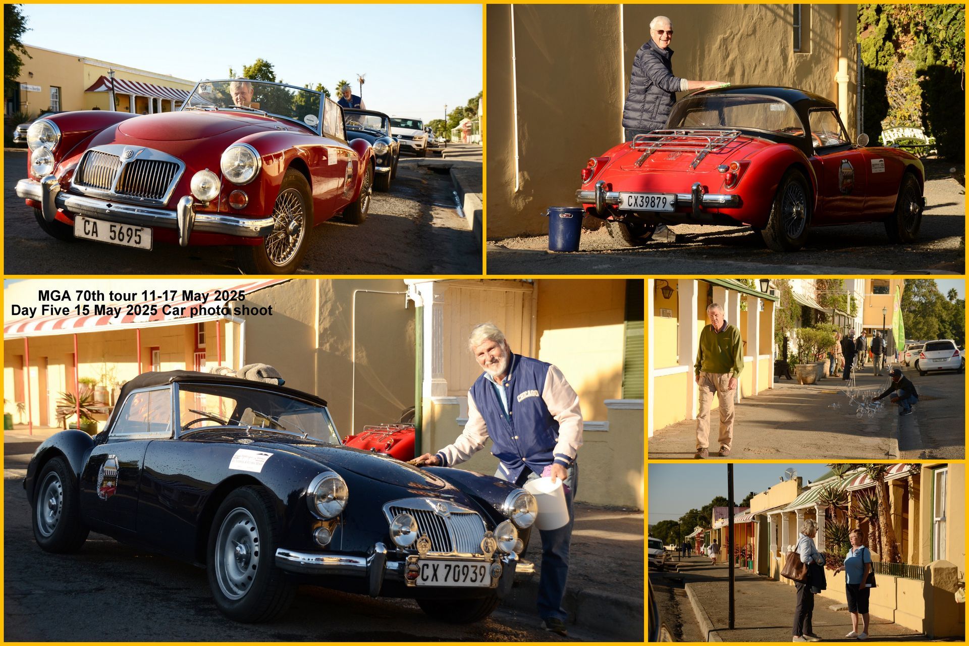Collection of photos of classic cars, including a red and a black convertible, parked on a street. People are near the cars.