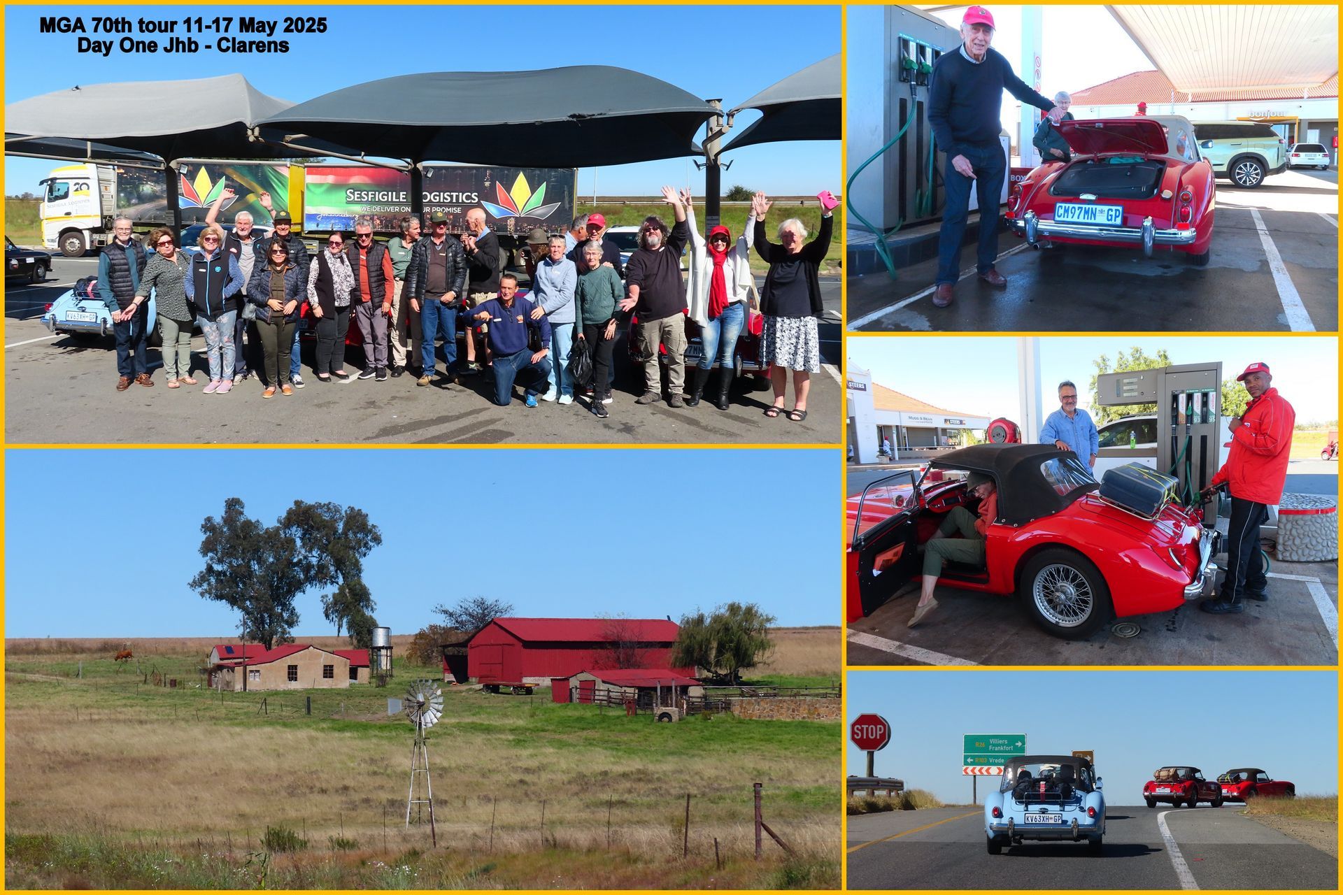 People with classic cars at a gas station and scenic rural areas.