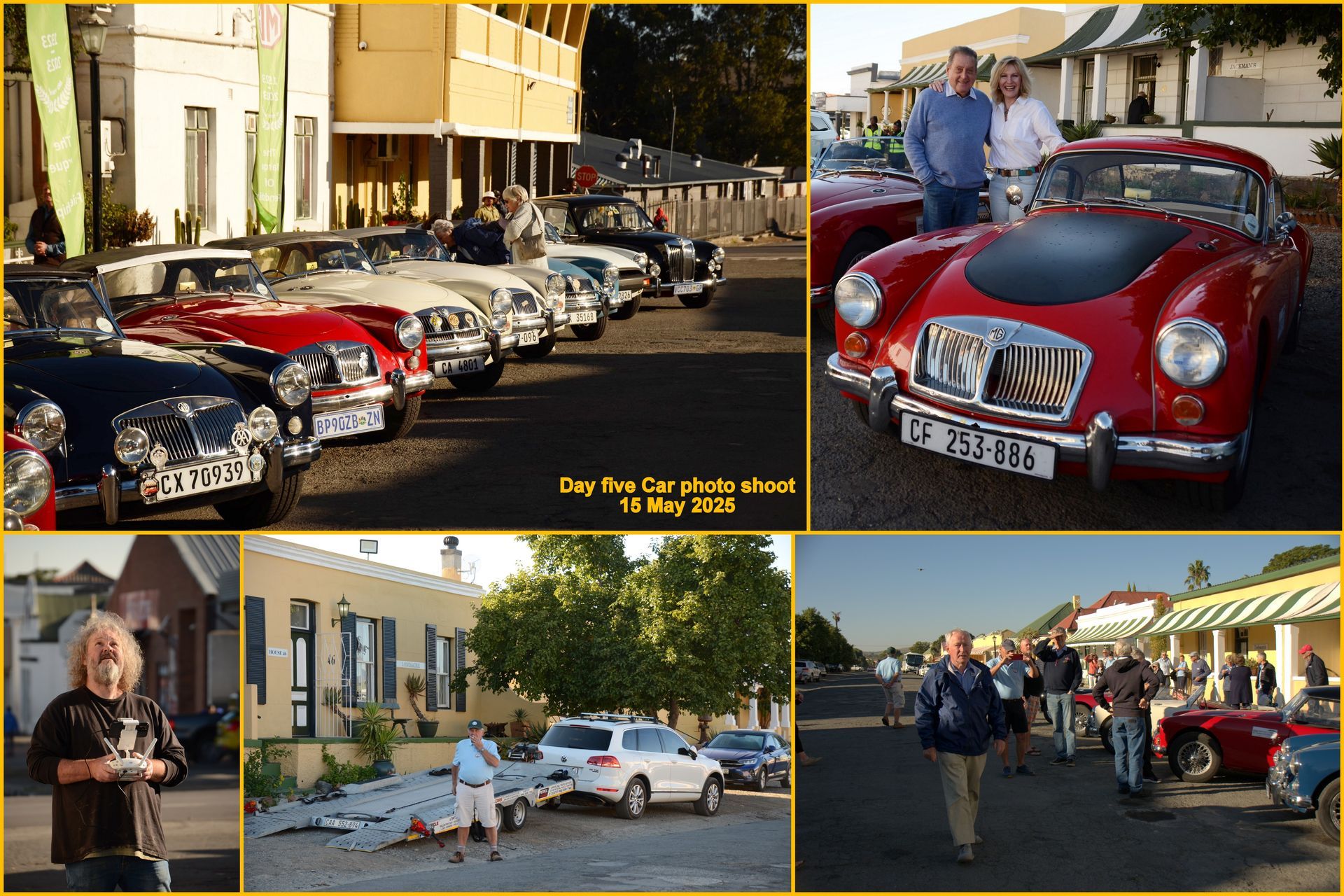 Classic cars displayed at a car show; people gather, buildings in background.