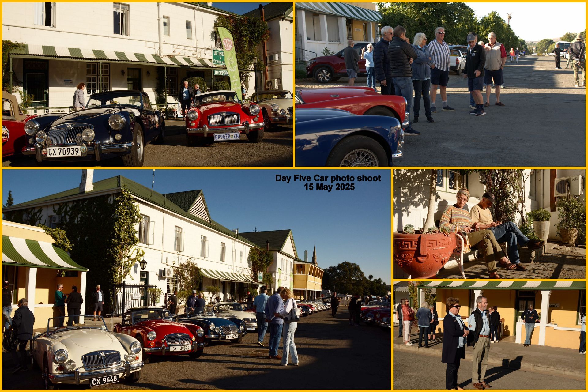 Classic cars parked on street, people gathered. Buildings with awnings. Sunlight.