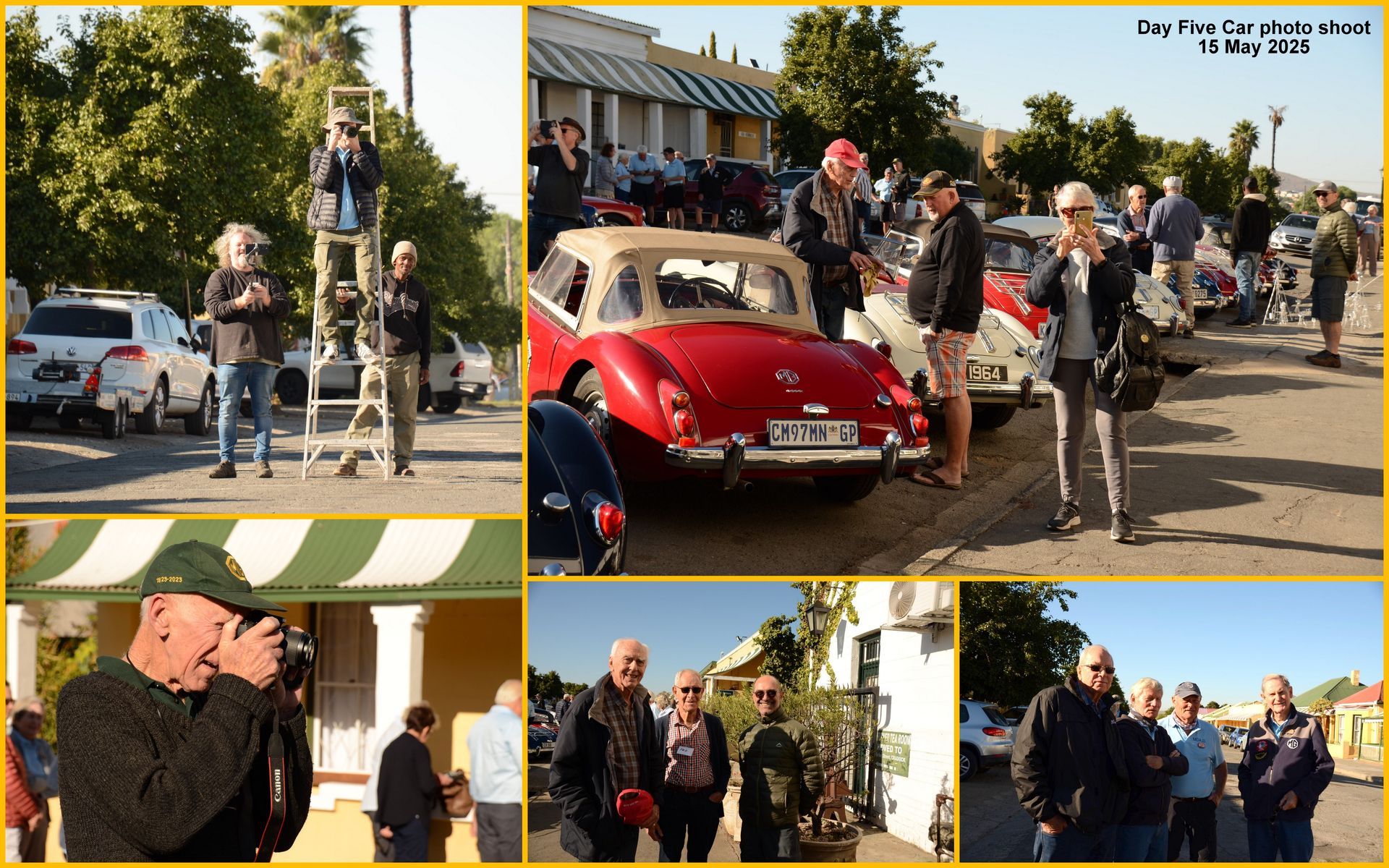 Classic cars on display at an outdoor event with people taking photos in a sunny setting.