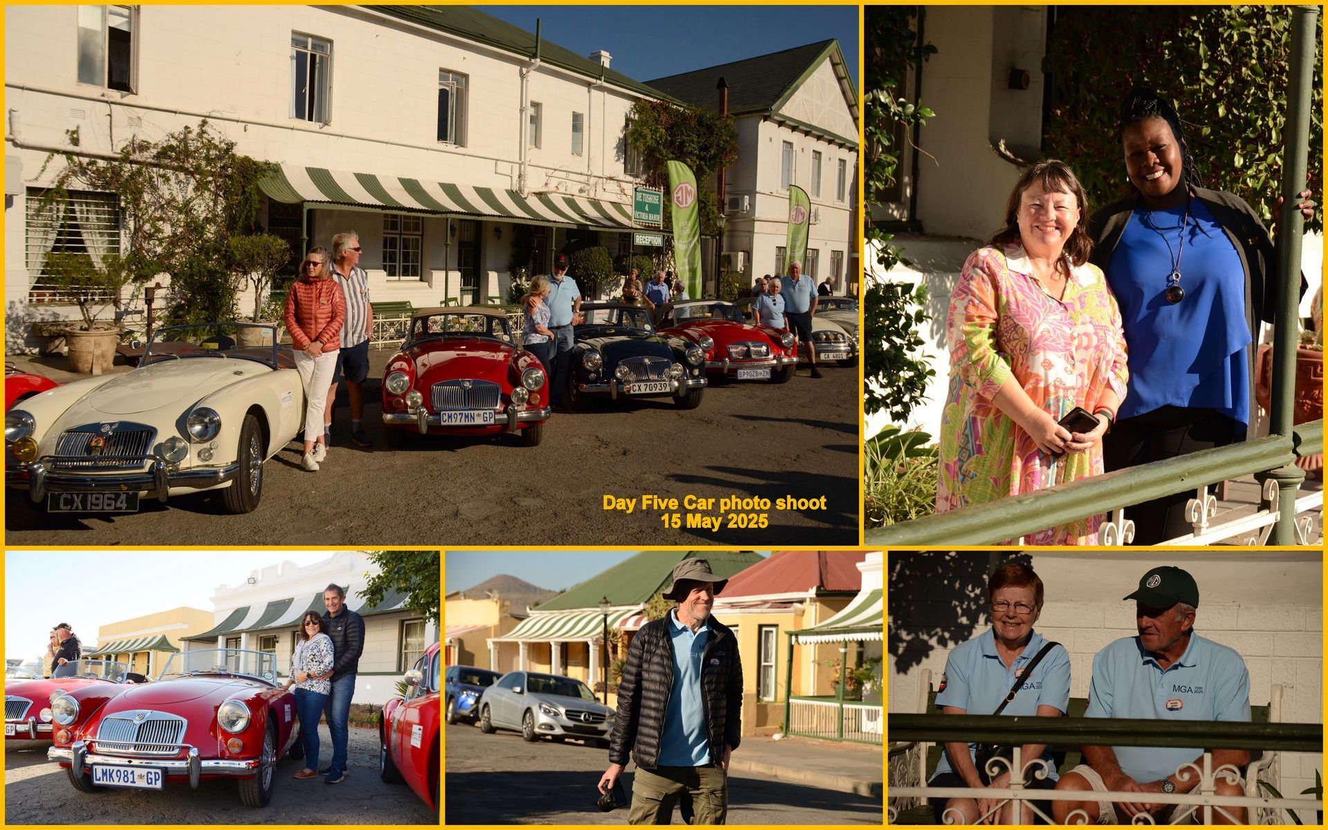Classic cars parked outside a white building; people gathering and looking at cars.