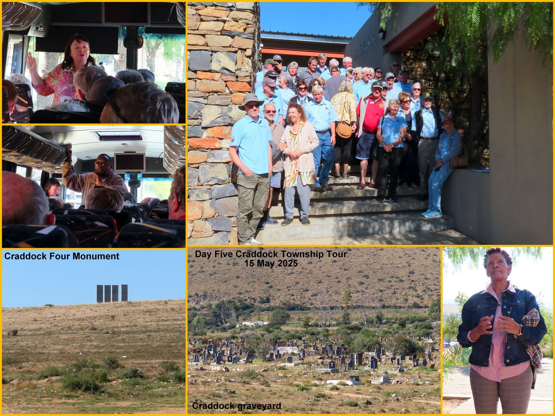 Collage: Tour group at various locations. Includes bus interior, building exterior, and landscapes.