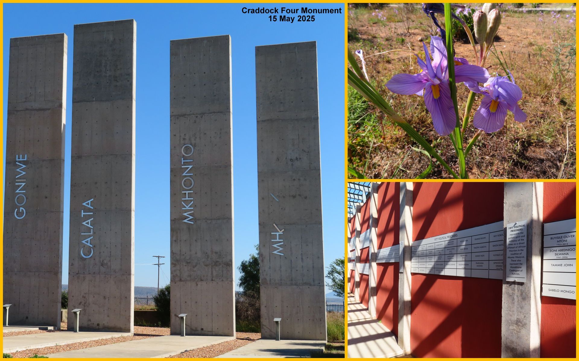 Memorial with pillars and names; purple flower; plaques on red wall; outdoor setting.