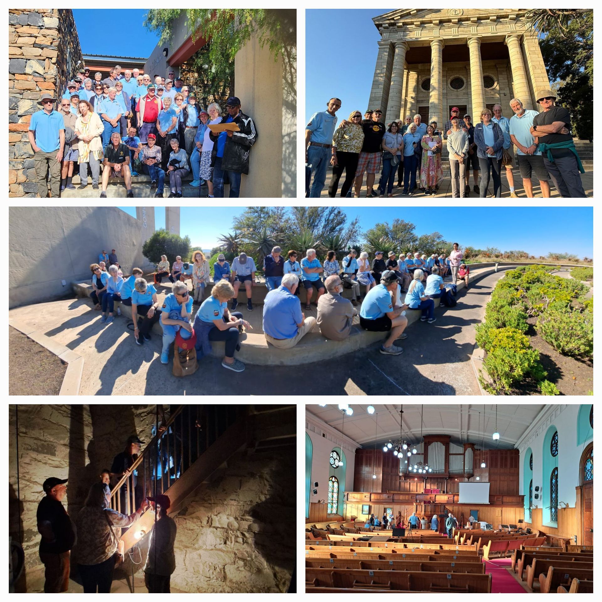 Collage of group tour photos: people at a historical site, church, and outdoors. Blue and tan tones.