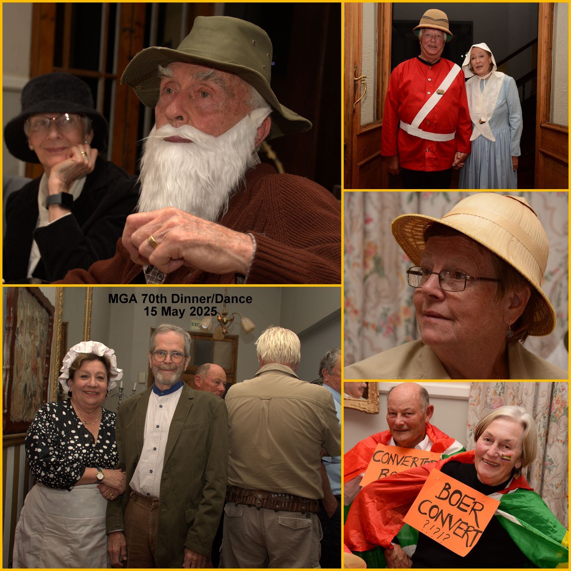 Collage of people in costume, including hats and aprons, at an event.