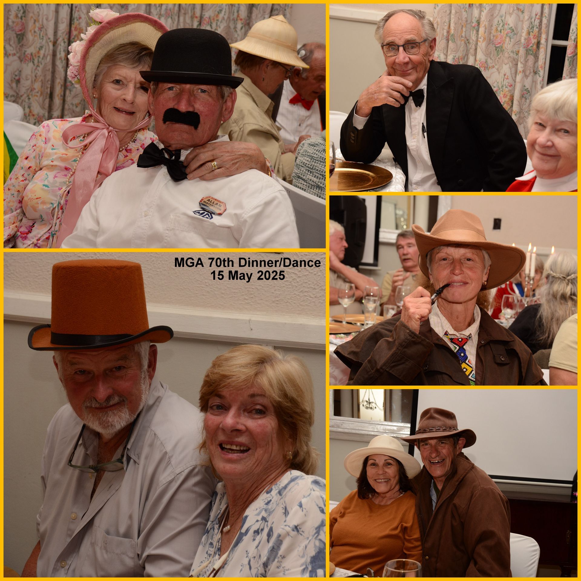 People in hats at a formal event, some with props like a mustache and pipe.