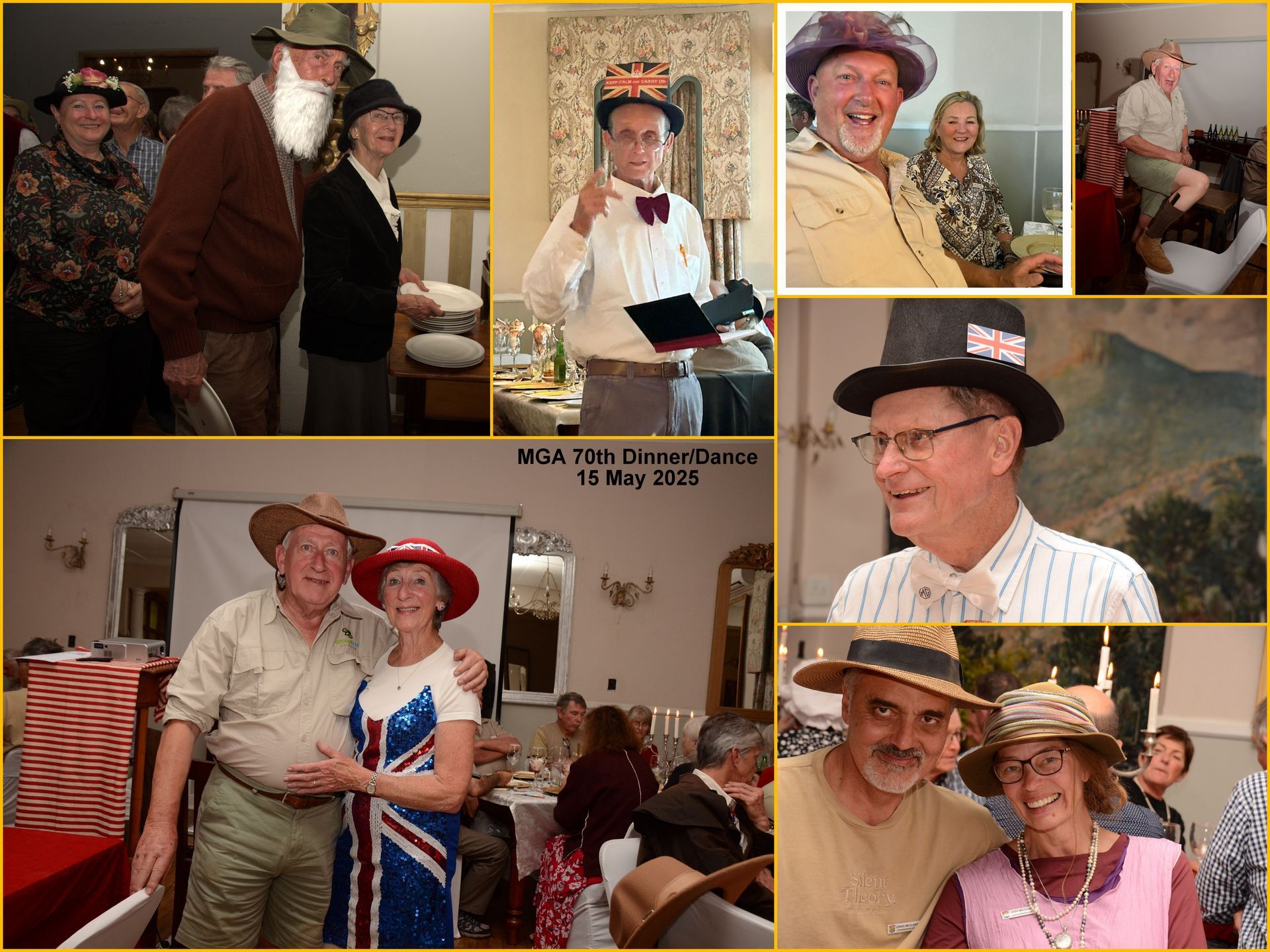People at a hat-themed event, posing and interacting indoors, wearing various hats.