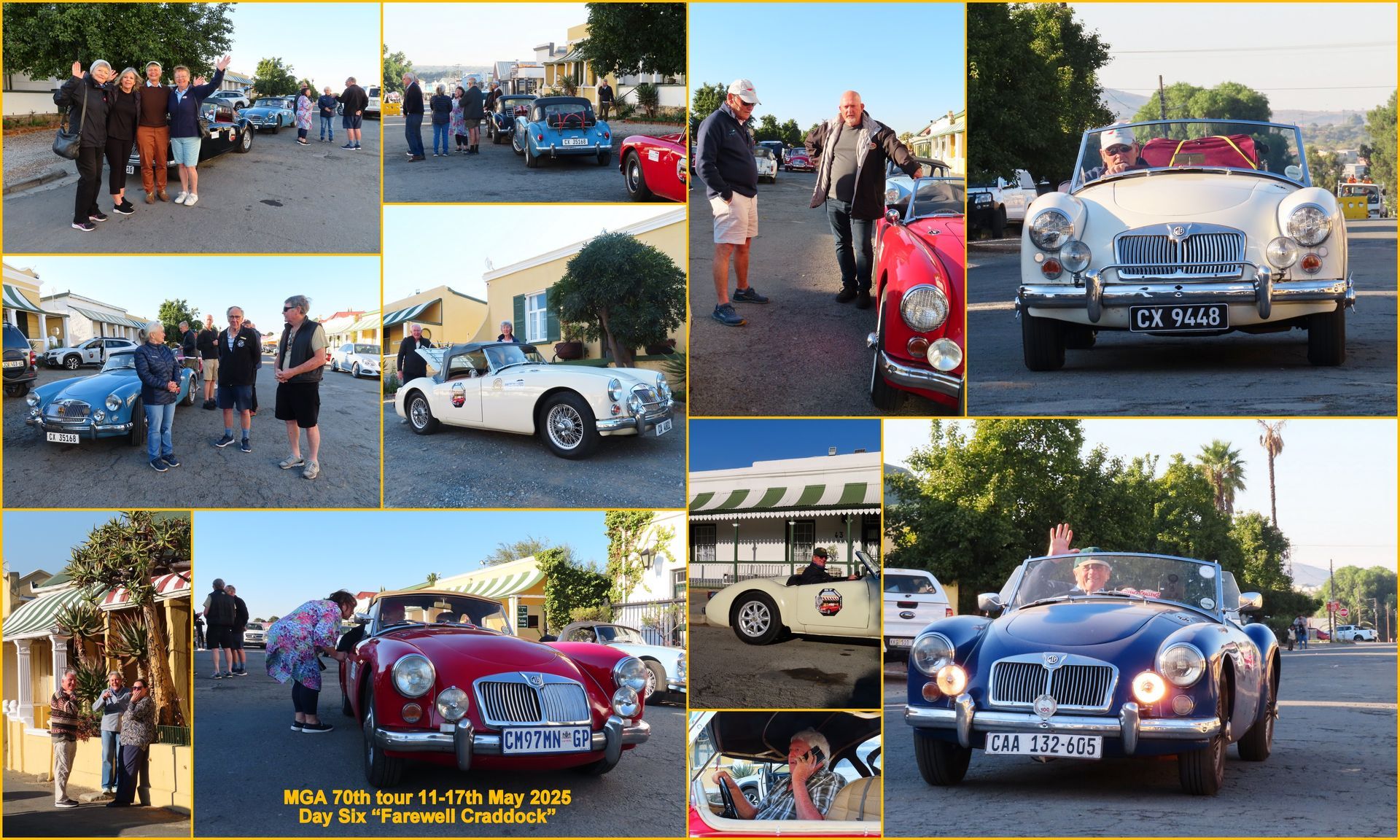 Classic cars on display in a town square. People gather around the cars.