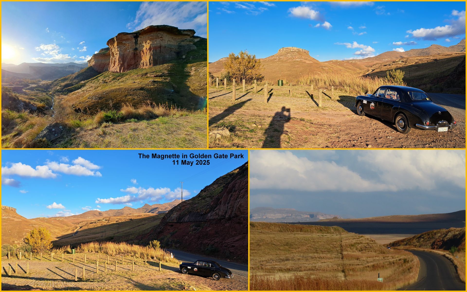 Four photos of a black sports car on a winding road with vineyards and mountains in a golden landscape.