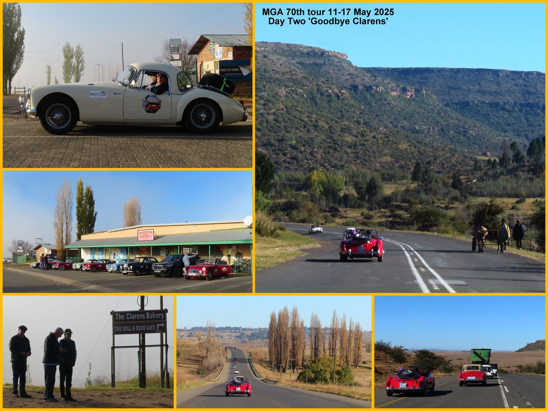 Collage of vintage cars on a road trip, scenic views, group. Various car models. Outdoors, sunny day.