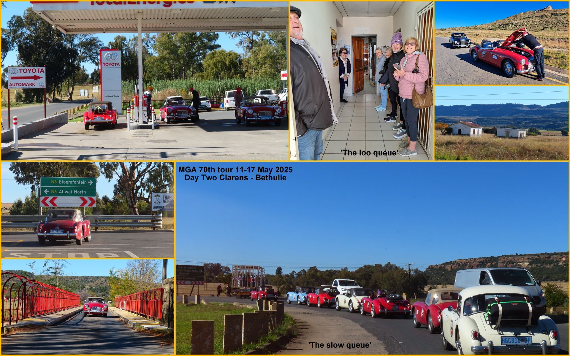 Collage of red classic cars on a road trip, including refueling at a gas station and scenic views.