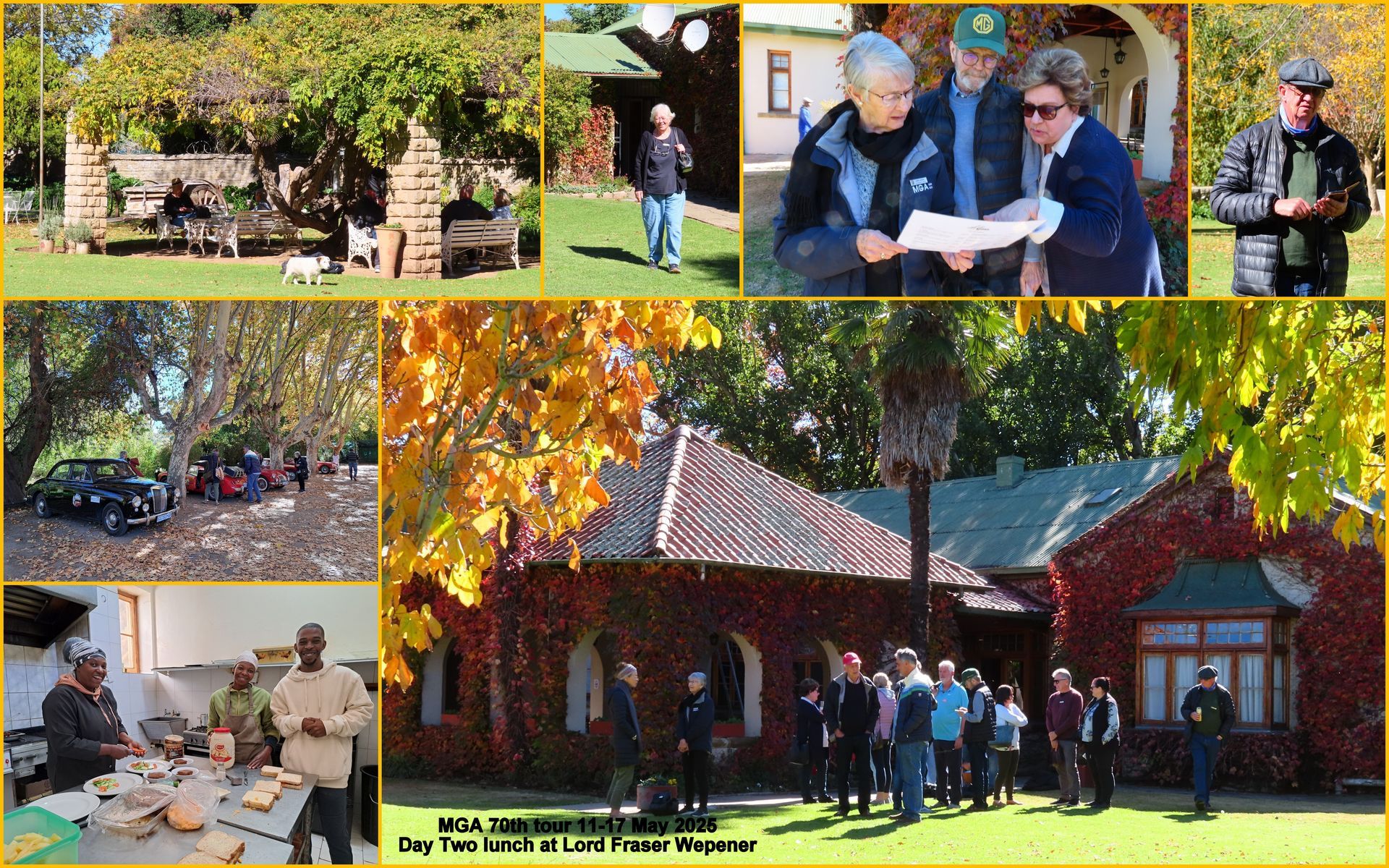 Collage of photos: people touring a building covered in ivy, with a gazebo and other outdoor scenes.