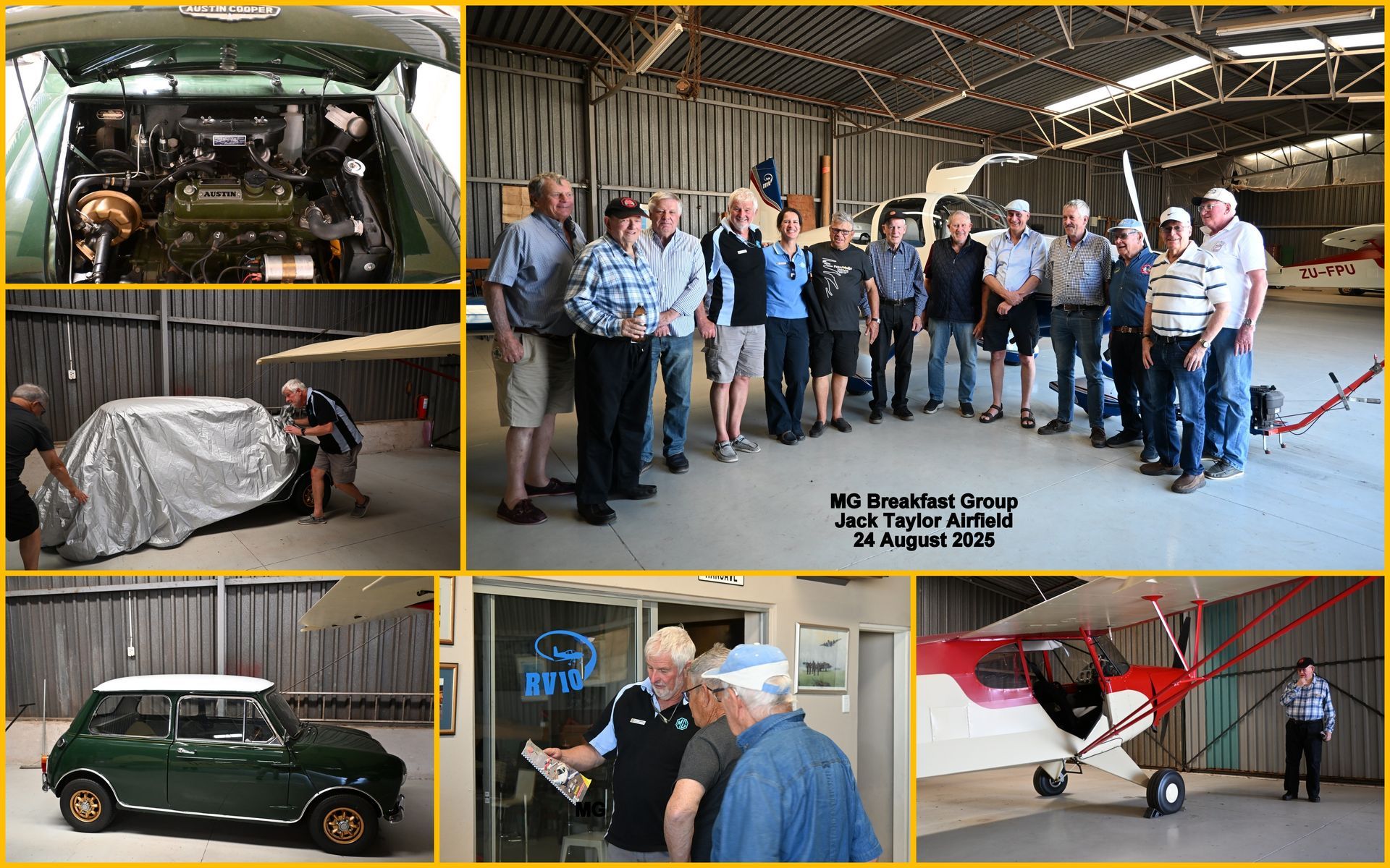 Collage of photos: car engine, hangar group, covered car, green Mini, men looking at papers, small red plane.