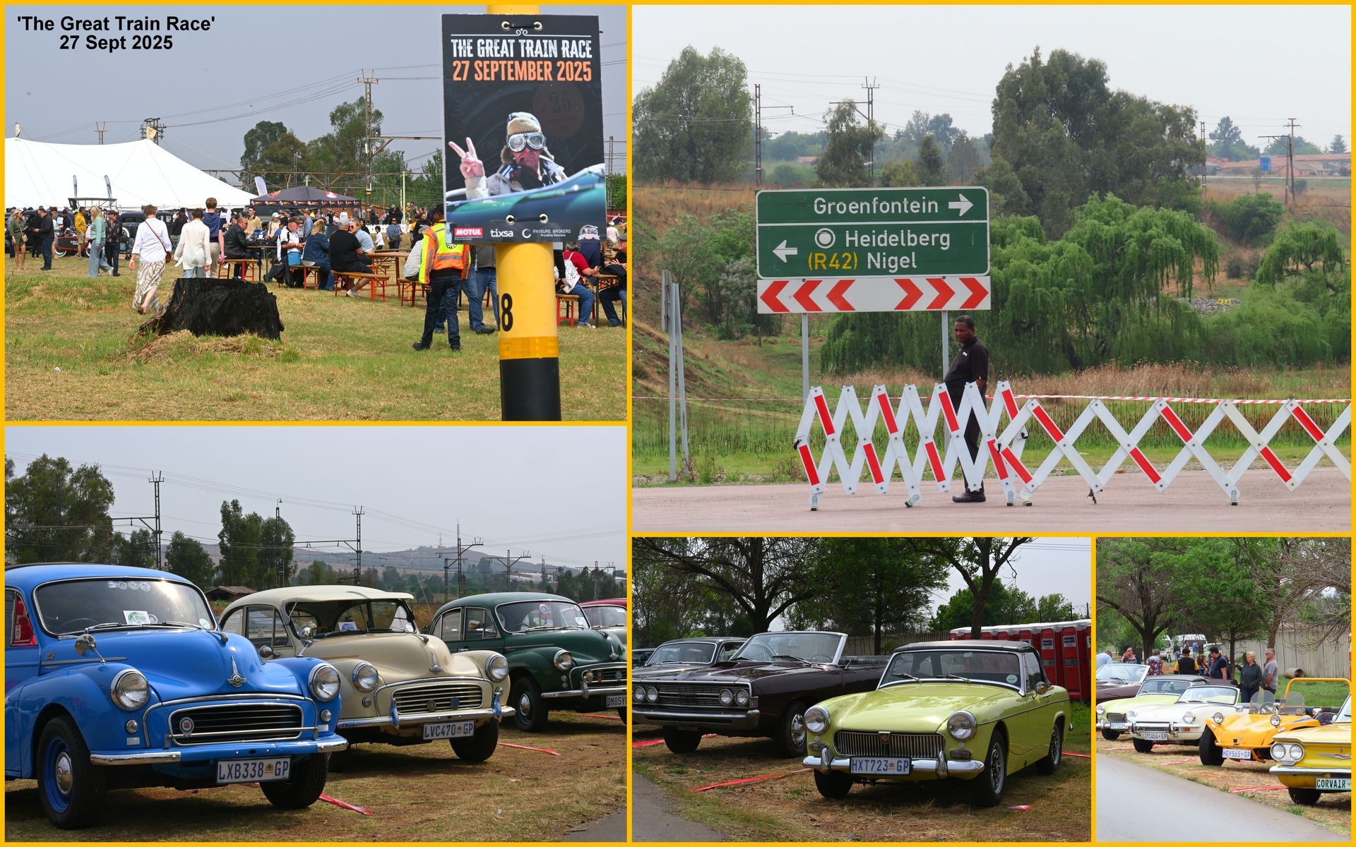 Collage of outdoor event scenes: crowds, classic cars, signage, and a road closure.
