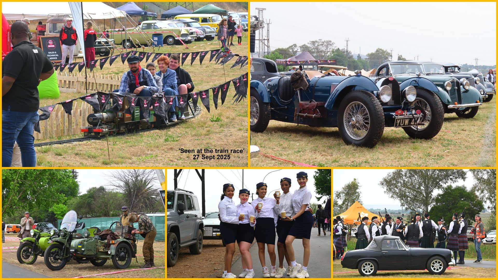 Collection of classic cars and events: military vehicle ride, band, spectators.