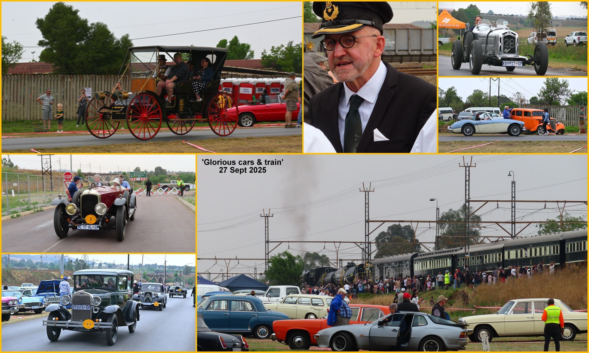 Vintage vehicles and train parade through a field; a man in a cap stands nearby.