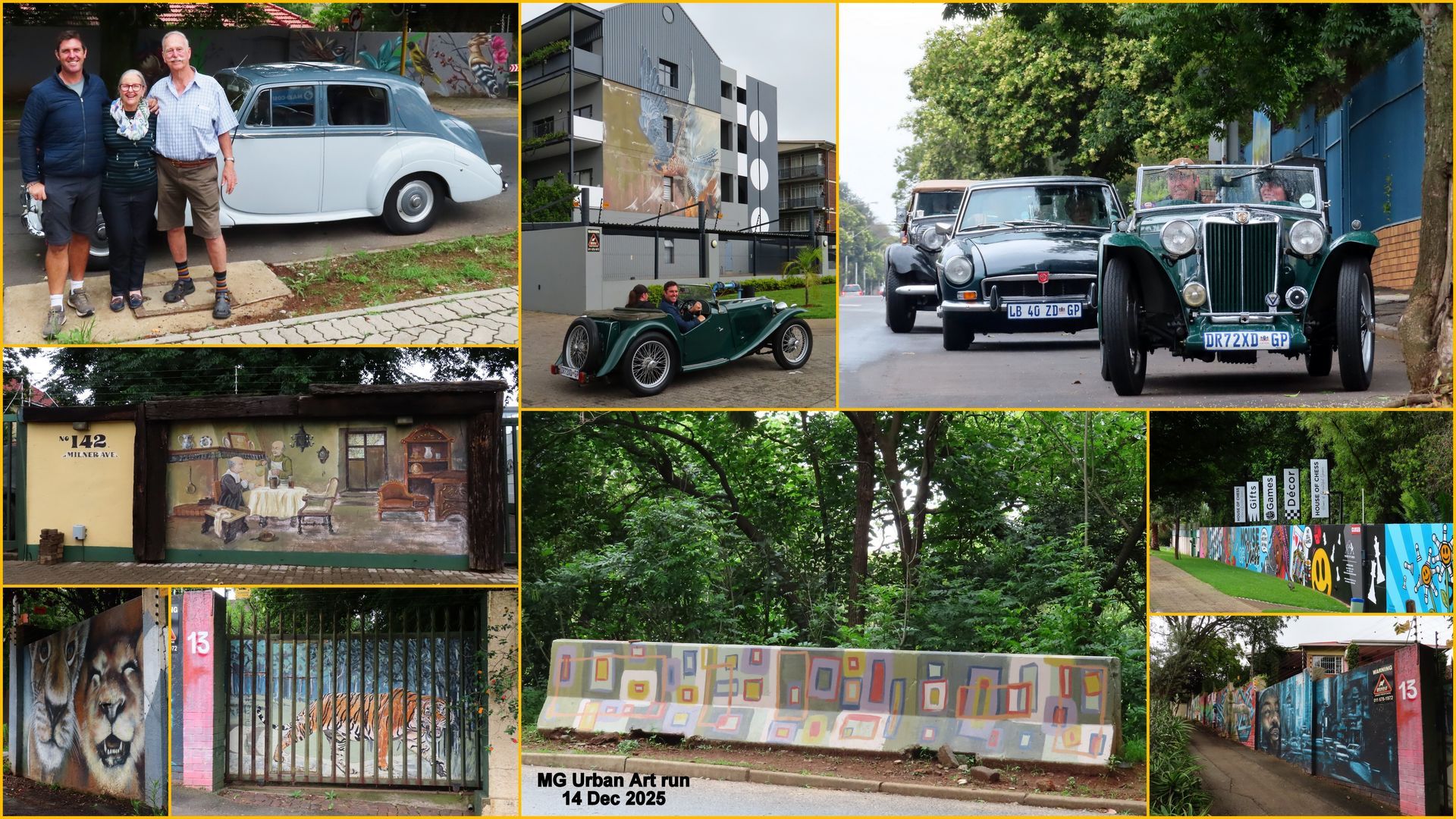 Collage of images: cars, murals, a building. Includes classic cars, artwork on walls, and a modern building.
