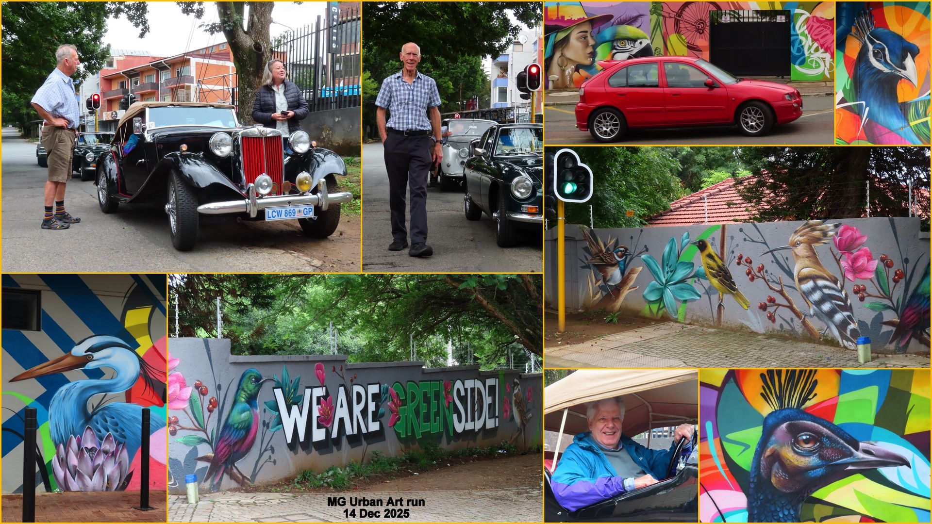 Collage: classic cars, red car, graffiti murals, people, trees.