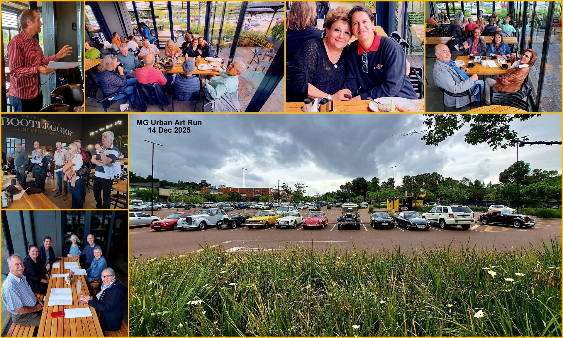 Collage of people at a gathering; includes group photos at tables and outdoor parking lot with cars.