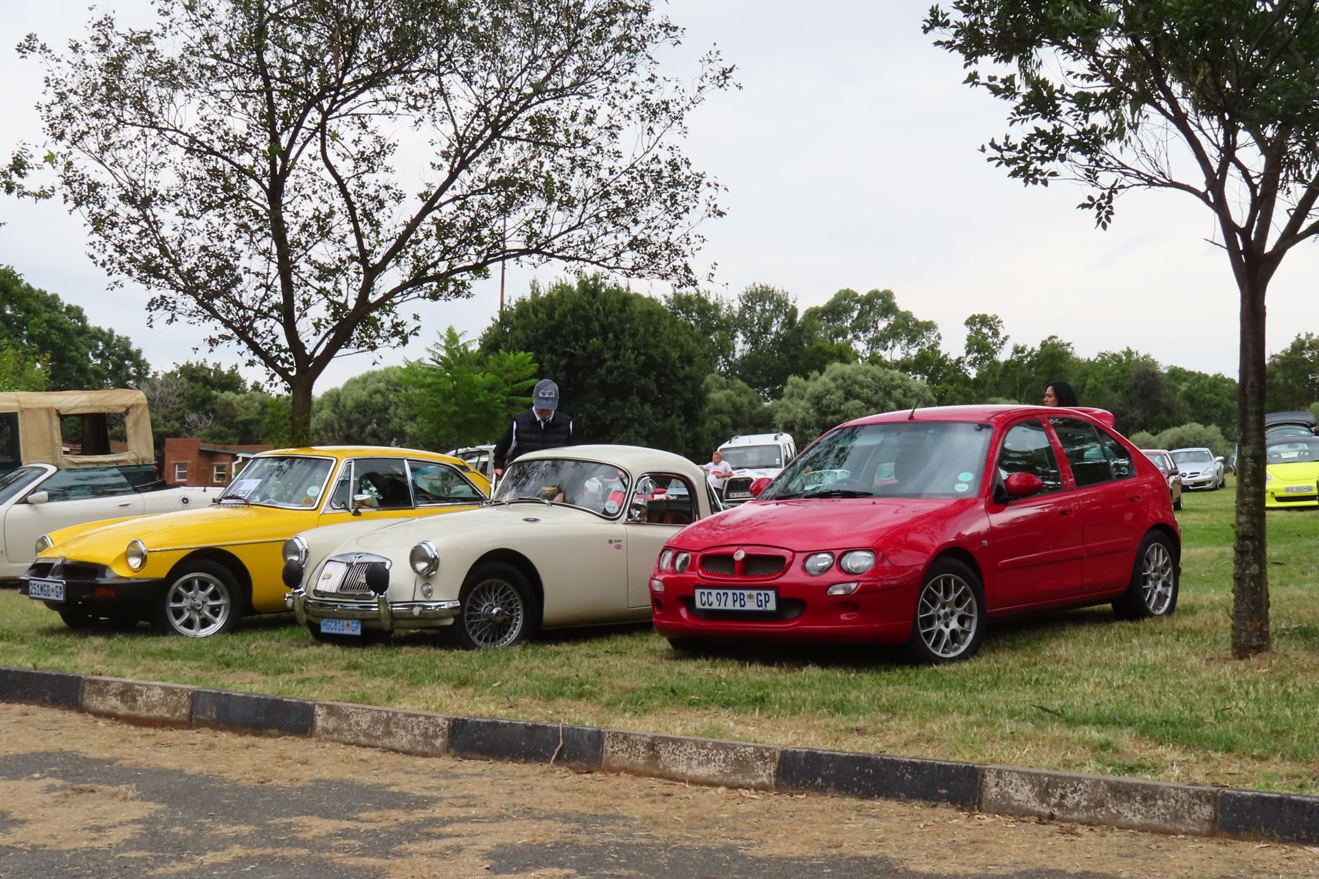 Cars parked on grass: yellow convertible, cream roadster, red hatchback. Trees and building in background.